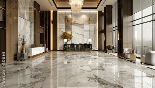 Luxurious hotel lobby with marble floors and a reception desk.