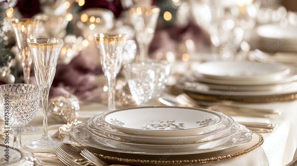 A beautifully set New Year's table, featuring elegant dinnerware, A beautifully set New Year's table, featuring elegant dinnerware,