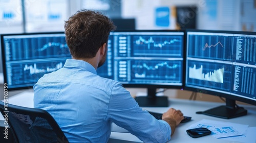 Businessman Analyzing Financial Data on Multiple Monitors photo