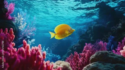 A breathtaking image of a bright yellow tang fish gliding effortlessly through the blue photo