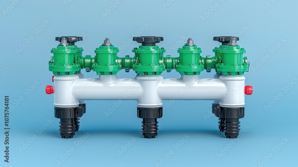 Fototapeta premium 3D Irrigation System Manifold with Green Valves and White Pipes Agricultural Technology