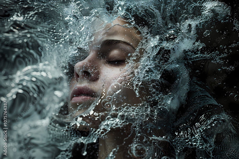 Fototapeta premium A serene young woman of Middle Eastern descent submerged underwater, her peaceful expression enveloped by shimmering bubbles and rippling water.