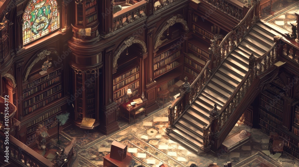 A captivating isometric view of a Victorian library with A captivating isometric view of a Victorian library with
