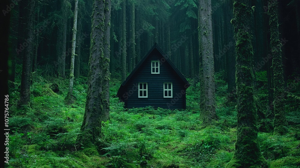 A cozy cabin surrounded by towering trees and lush green ferns and grass A cozy cabin surrounded by towering trees and lush green ferns and grass