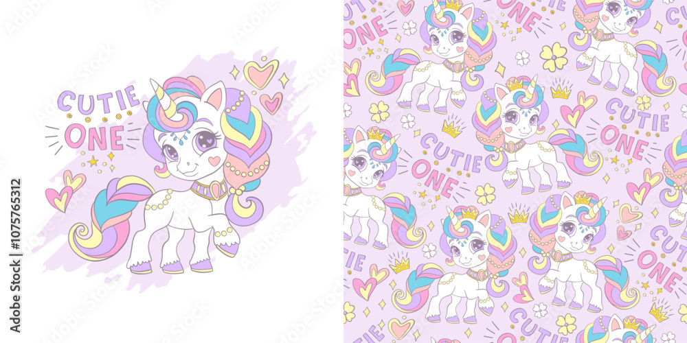 Fototapeta premium Little unicorn illustration and seamless pattern vector set