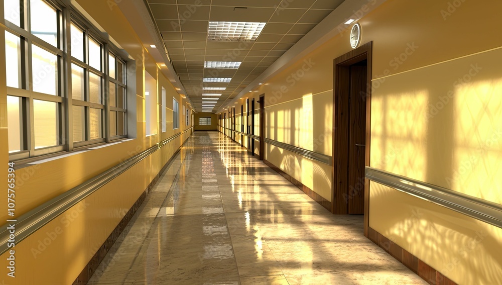 Empty hallway with tiled floor and sunlight. Empty hallway with tiled floor and sunlight.