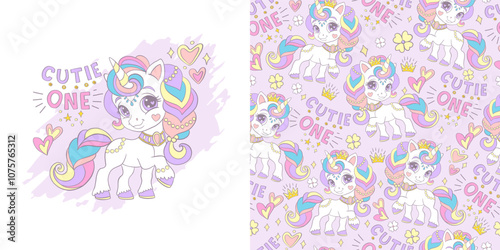 Little unicorn illustration and seamless pattern vector set