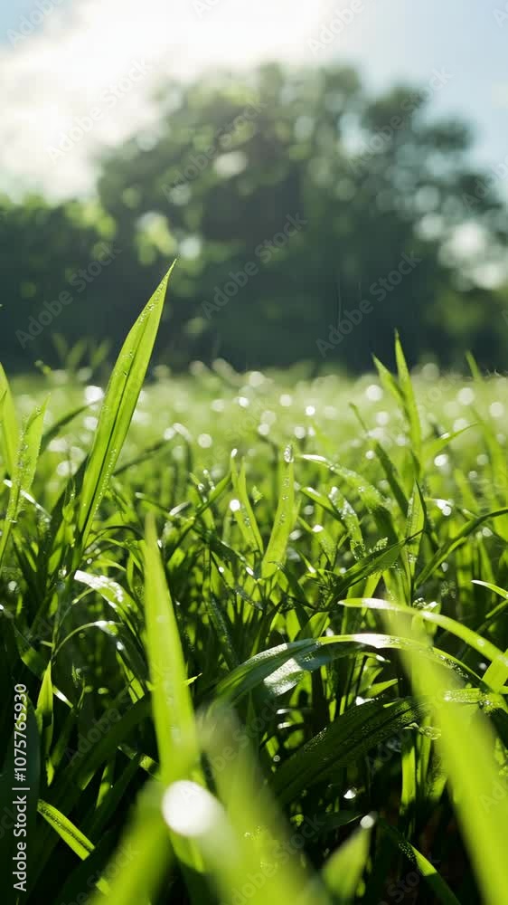 Dewdrops glisten on blades of grass in the early morning sun