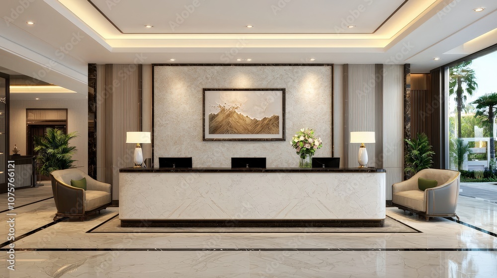 Fototapeta premium Modern Hotel Lobby Interior Design with Reception Desk and Lounge Chairs