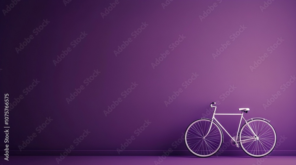 Fototapeta premium A purple wall with a white bicycle leaning against it and another purple wall with a white bicycle resting against it