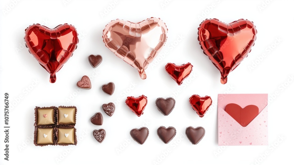Flat lay of heart-shaped balloons, chocolates, and love letters, creating a festive Valentine Day scene, isolated on white Flat lay of heart-shaped balloons, chocolates, and love letters, creating a festive Valentine Day scene, isolated on white