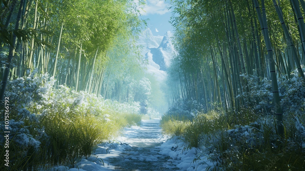 Fototapeta premium 雪が積もった竹林の小径