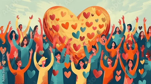 Happy Crowd Celebrating with Heart - Community Love, Compassion, and Support Illustration