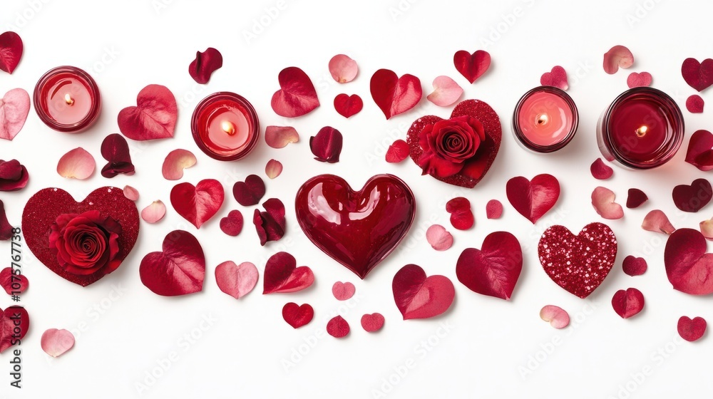Flat lay with red and pink hearts, rose petals, and candles for Valentine Day, isolated on white Flat lay with red and pink hearts, rose petals, and candles for Valentine Day, isolated on white