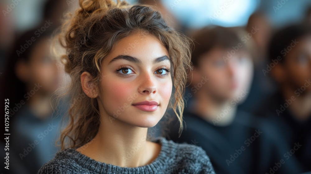 A young woman with curly hair looks thoughtfully at the camera, surrounded by a group of people in a blurred background. A young woman with curly hair looks thoughtfully at the camera, surrounded by a group of people in a blurred background.