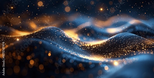 Dark Blue and Gold Abstract Background with Glitter and Bokeh Lights
