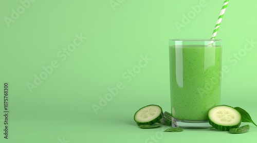 Green Smoothie with Cucumber and Spinach on Green Background