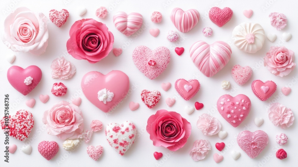 Valentine Day flat lay with pink hearts, roses, and heart-shaped candies, isolated on white