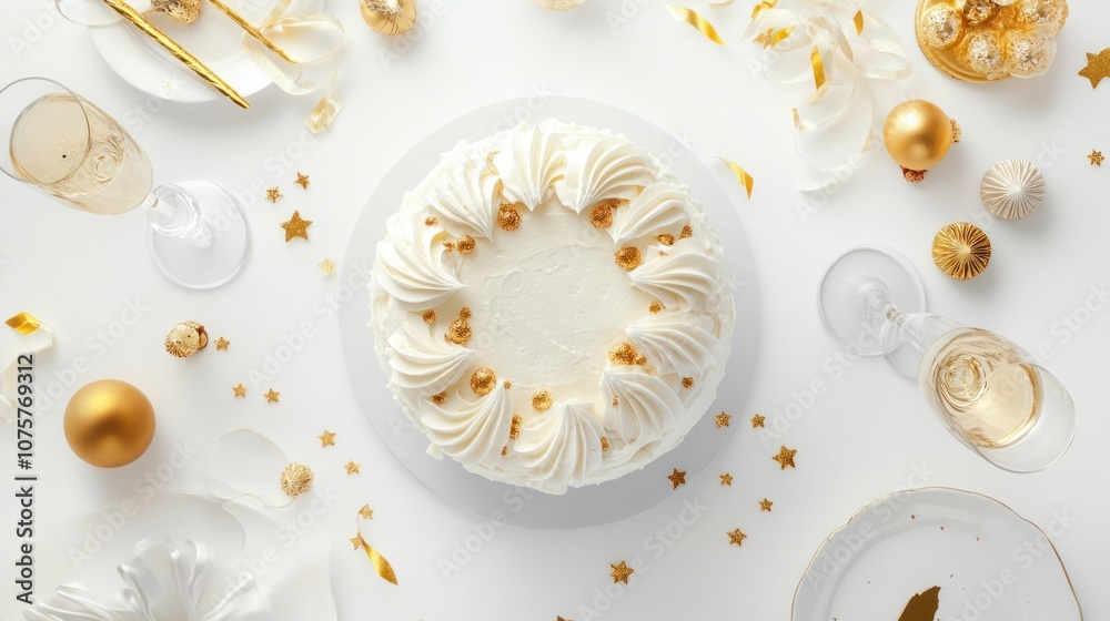 Elegant flat lay of a birthday cake, gold decorations, and champagne flutes for a luxurious celebration, isolated on white Elegant flat lay of a birthday cake, gold decorations, and champagne flutes for a luxurious celebration, isolated on white