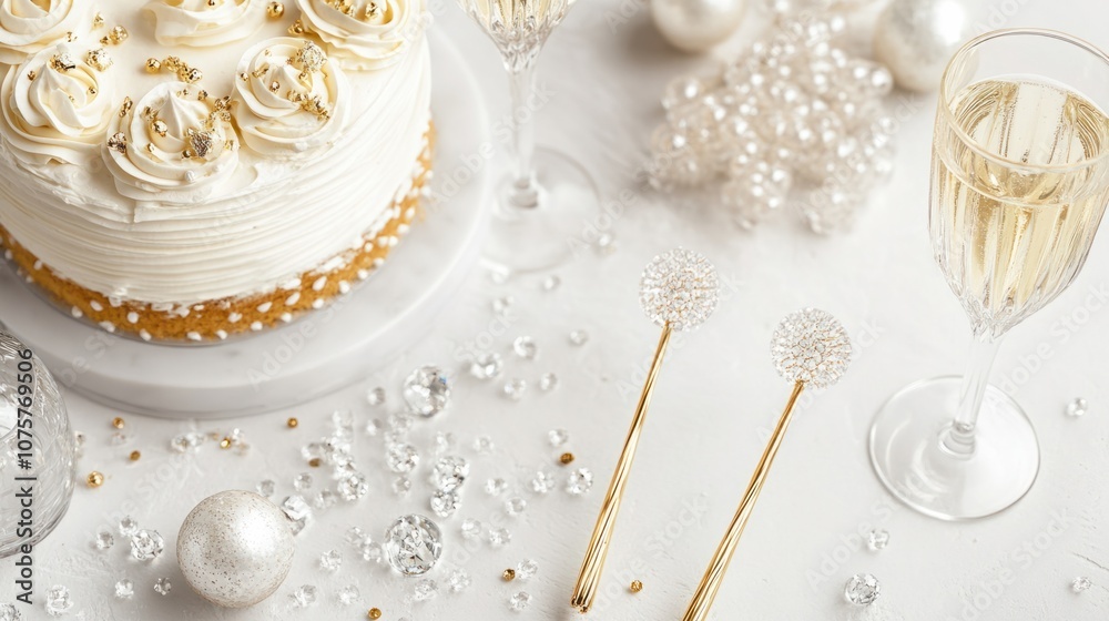 Fototapeta premium Elegant flat lay with gold cake toppers, champagne glasses, and crystal confetti for a special occasion, isolated on white