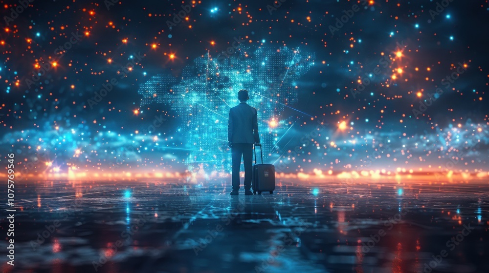 A man with a suitcase stands on a glowing path in a starry landscape, looking towards a network of interconnected lines and points of light. A man with a suitcase stands on a glowing path in a starry landscape, looking towards a network of interconnected lines and points of light.