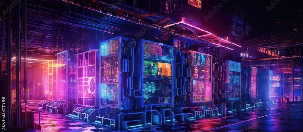 Futuristic city street with neon signs and glowing buildings. Futuristic city street with neon signs and glowing buildings.