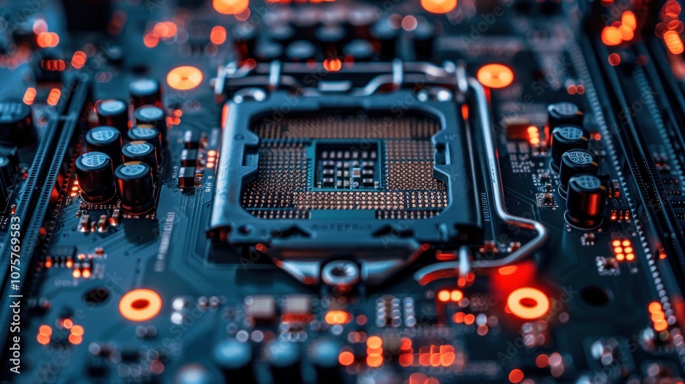 Close-up of a computer motherboard with a CPU socket. Close-up of a computer motherboard with a CPU socket.