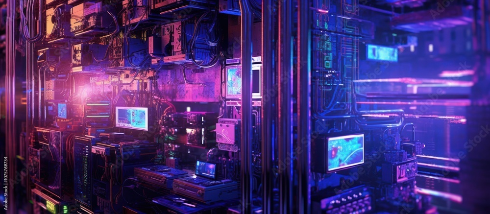 A server rack glowing with pink and blue light. A server rack glowing with pink and blue light.