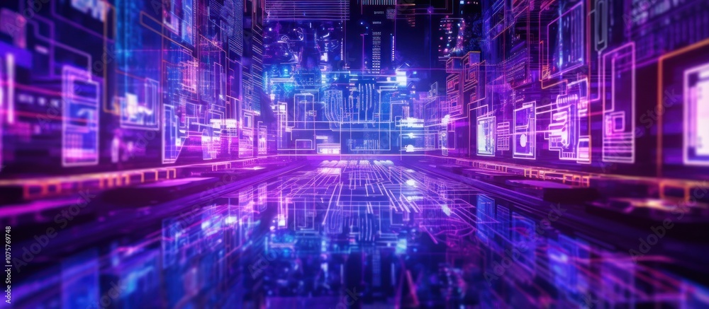 Naklejka premium Futuristic digital city with neon lights and glowing interfaces.