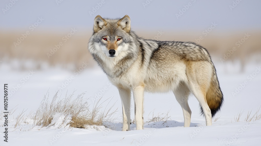 Obraz premium Majestic Gray Wolf with Red Eyes in Snowy Wilderness