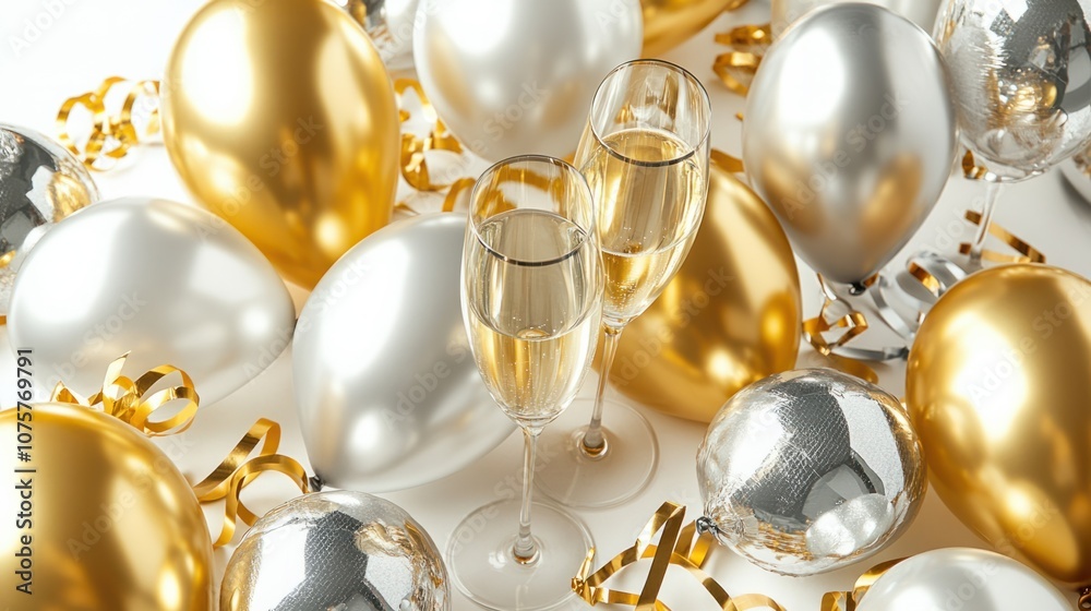 Glamorous flat lay of gold and silver balloons, party streamers, and sparkling wine glasses, isolated on white Glamorous flat lay of gold and silver balloons, party streamers, and sparkling wine glasses, isolated on white