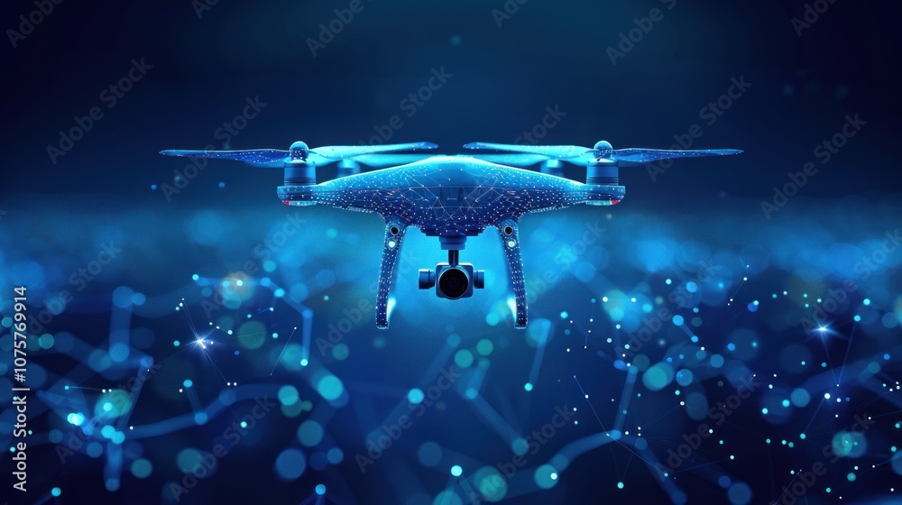 Obraz premium A futuristic drone with a camera flying through a network of glowing blue lines.