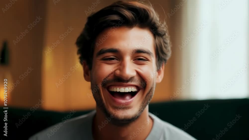 Close-up of a joyful young man with a bright smile in a warm, cozy indoor setting. Close-up of a joyful young man with a bright smile in a warm, cozy indoor setting.