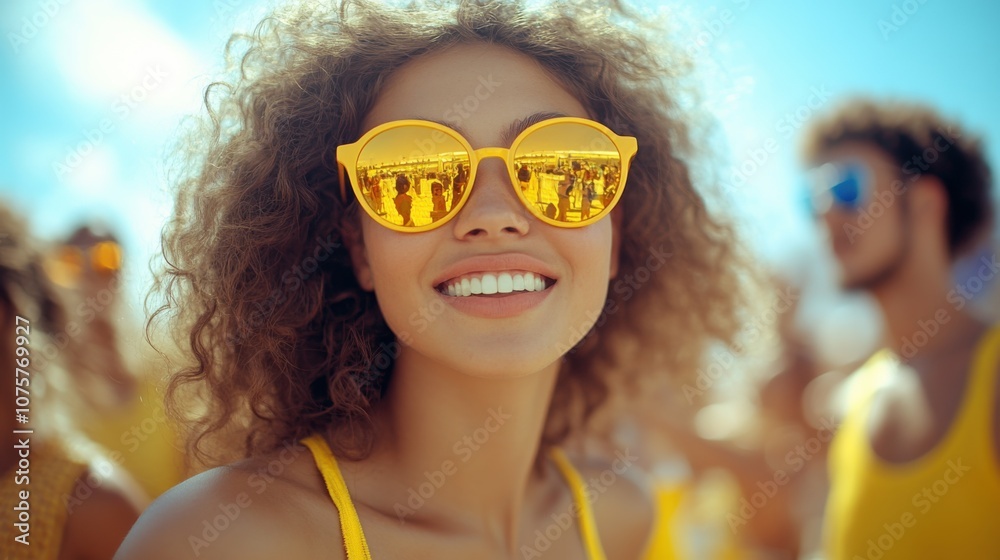 Smiling woman wearing yellow sunglasses with man in background Smiling woman wearing yellow sunglasses with man in background