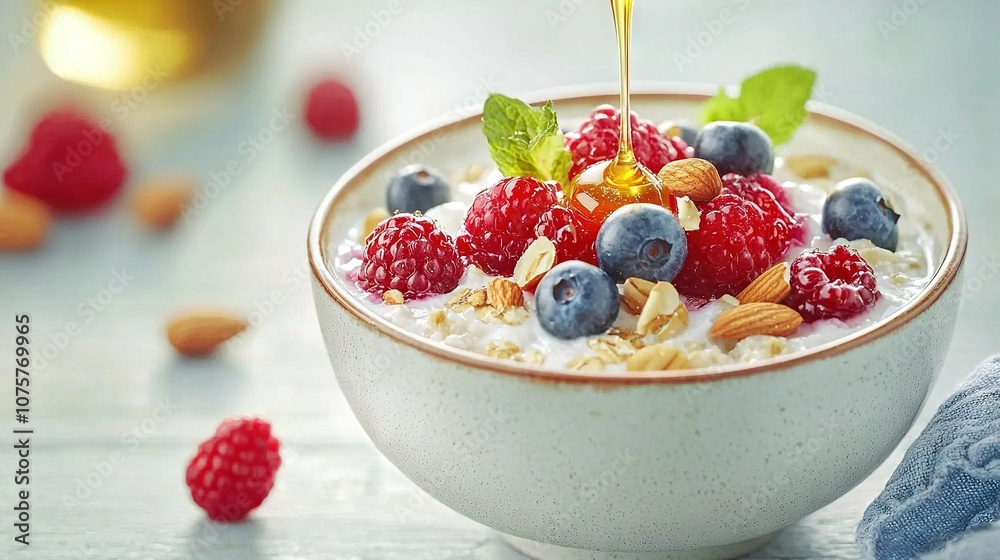 A bowl of oatmeal topped with berries, almonds, and blueberries A bowl of oatmeal topped with berries, almonds, and blueberries