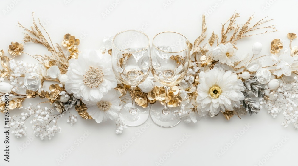 Lavish wedding flat lay with fine wine glasses, gold decor, and fresh white flowers, isolated on white background Lavish wedding flat lay with fine wine glasses, gold decor, and fresh white flowers, isolated on white background