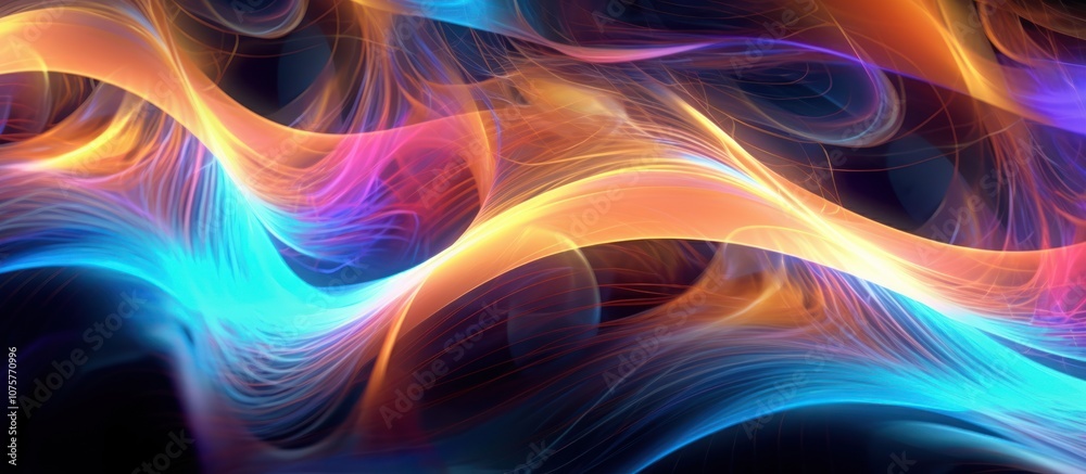 Abstract background with vibrant, flowing neon lines in blue, orange, and purple. Abstract background with vibrant, flowing neon lines in blue, orange, and purple.