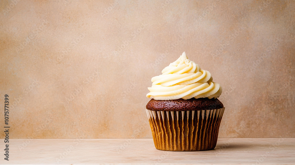 A cupcake with white frosting on a table, beside another cupcake with white frosting A cupcake with white frosting on a table, beside another cupcake with white frosting