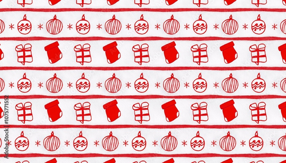 Christmas Gifts, Ornaments, and Stockings Pattern on White Background Christmas Gifts, Ornaments, and Stockings Pattern on White Background