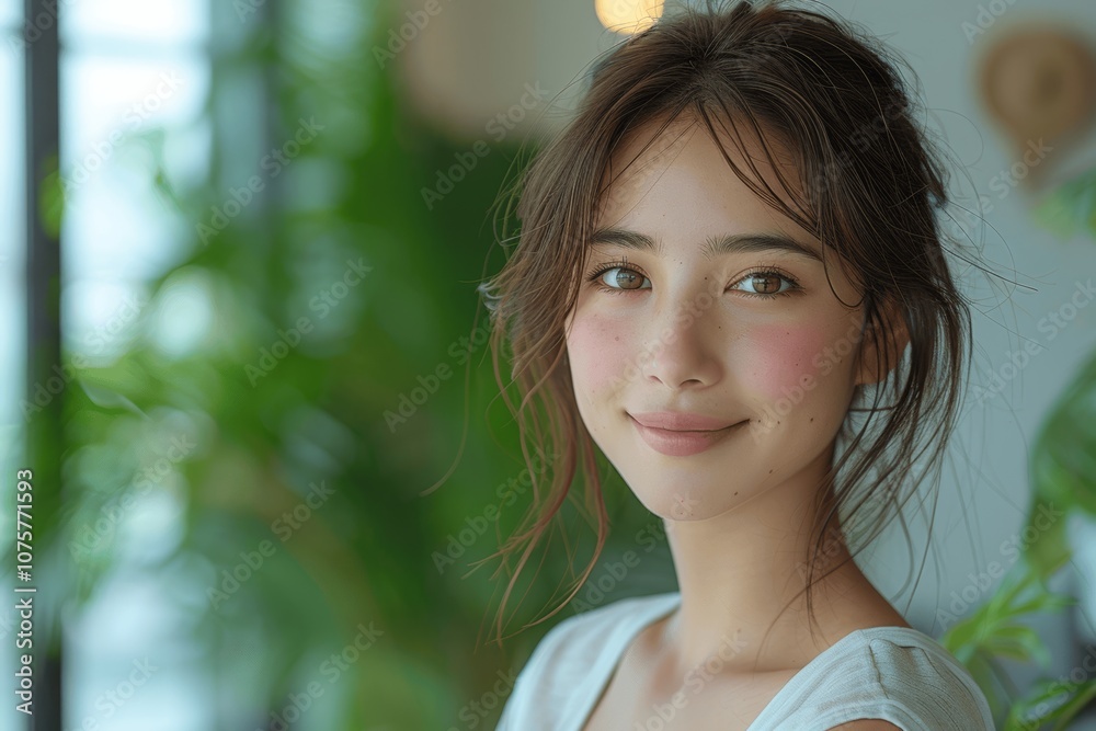 Japanese Woman Smiling in White Room Showing Smooth Skin Japanese Woman Smiling in White Room Showing Smooth Skin