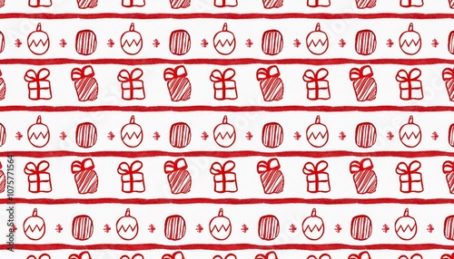 Christmas Gifts, Ornaments, and Stockings Pattern on White Background photo