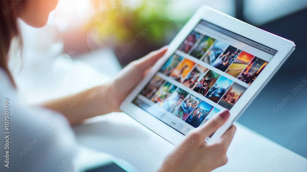 person using tablet to browse images, showcasing modern technology and digital media. scene conveys sense of engagement and exploration in bright environment person using tablet to browse images, showcasing modern technology and digital media. scene conveys sense of engagement and exploration in bright environment