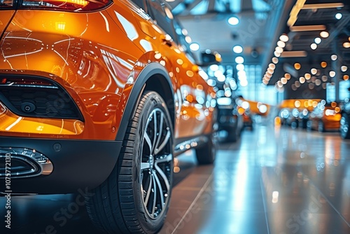 New luxury cars on display in modern showroom with bright lights and blurred figures