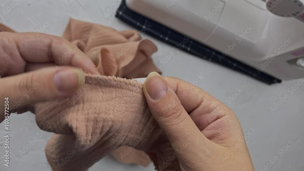 Needlewoman's hands checks the seams and appearance of cotton muslin shirt. Craft and hobby. Workshop of a fashion designer with sewing machine and white texture table. Needlewoman's hands checks the seams and appearance of cotton muslin shirt. Craft and hobby. Workshop of a fashion designer with sewing machine and white texture table.