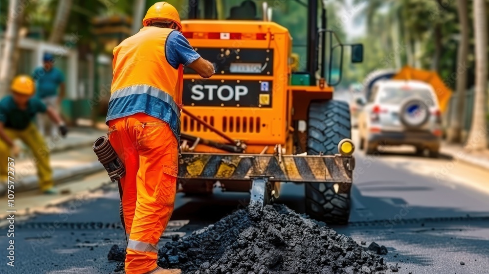 A man in an orange vest is working on a road A man in an orange vest is working on a road