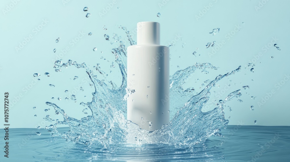Cream bottle mock up in water splash on blue background.