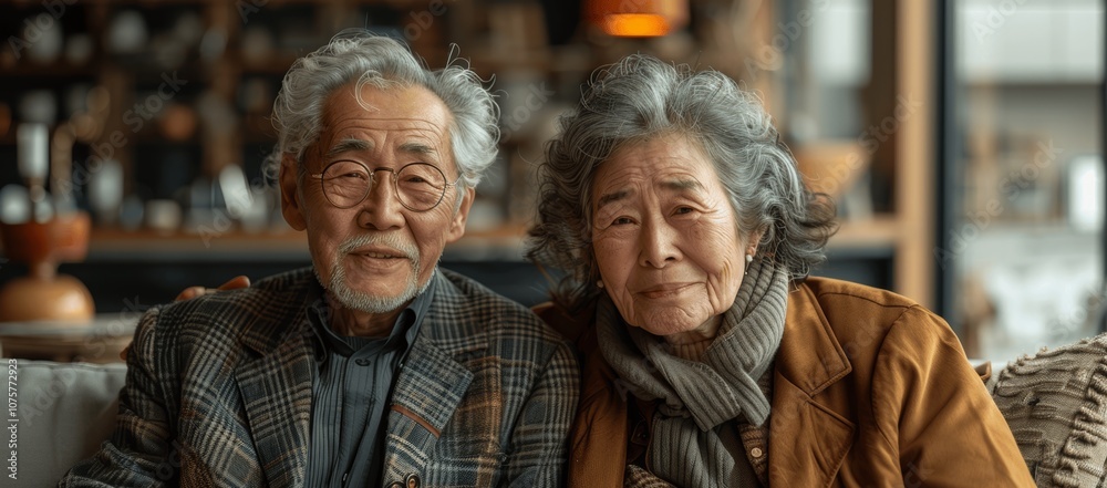 Happy senior couple sitting on sofa in modern living room, laughing, talking, hugging, enjoying close relationships, trust, support, care, feeling joy, tenderness Happy senior couple sitting on sofa in modern living room, laughing, talking, hugging, enjoying close relationships, trust, support, care, feeling joy, tenderness