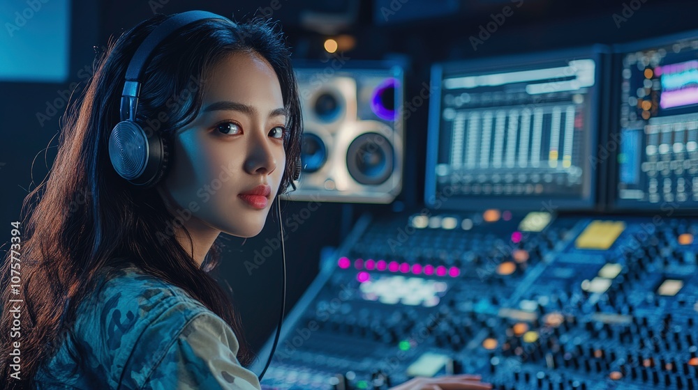 Young Korean Woman Mixing Audio in a Modern Sound Studio With LED Headset. Generative AI Young Korean Woman Mixing Audio in a Modern Sound Studio With LED Headset. Generative AI