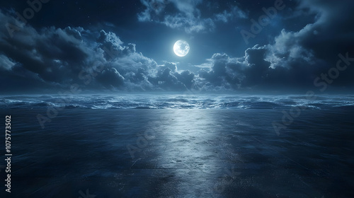 Night Sky with Moon and Clouds over the Ocean - Realistic Background Image