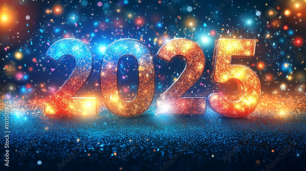 Celebrate the arrival of the new year 2025 with vibrant glowing lights and confetti Celebrate the arrival of the new year 2025 with vibrant glowing lights and confetti